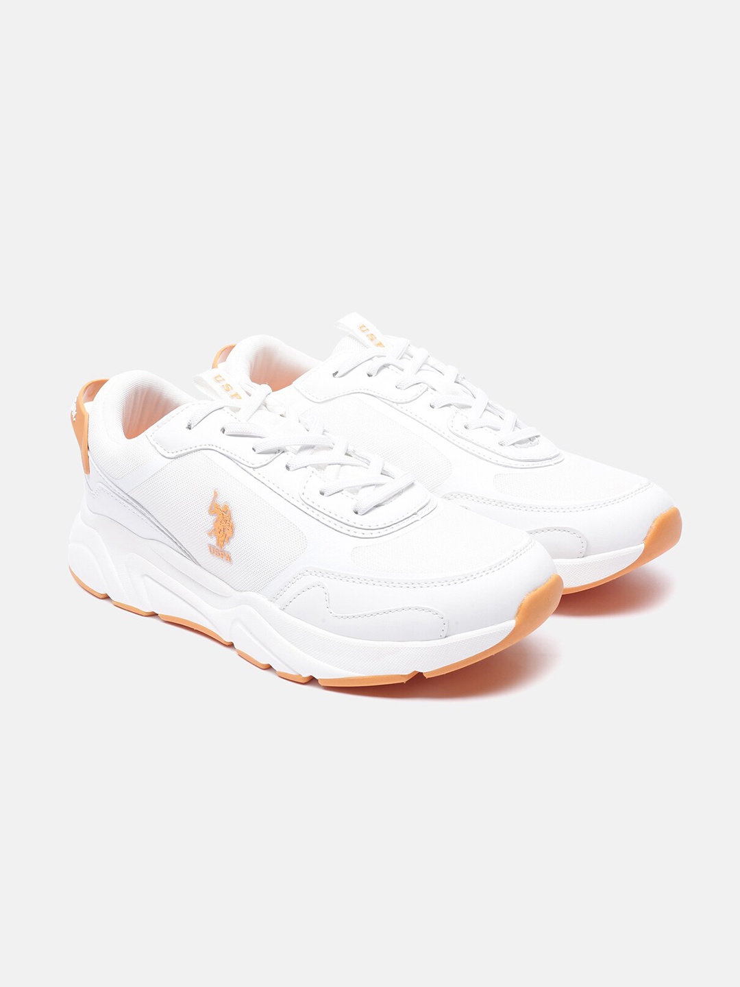 

U S Polo Assn Men Off White & Orange Mesh Walking Shoes