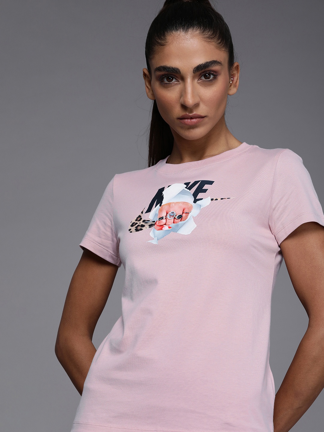 

Nike Women Nude Pink Graphic Print Round Neck Pure cotton As NSW Fierce T-shirt