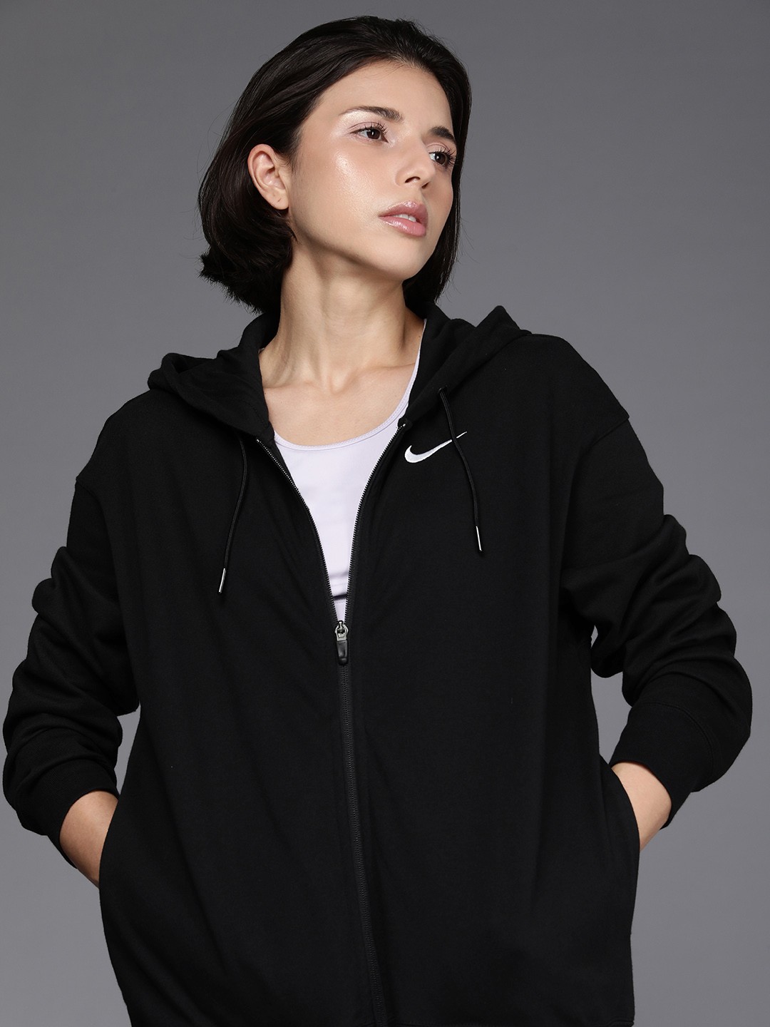 

Nike Women Black Oversized Fit JRSY OS FZ Hooded Pure Cotton Front-Open Sweatshirt