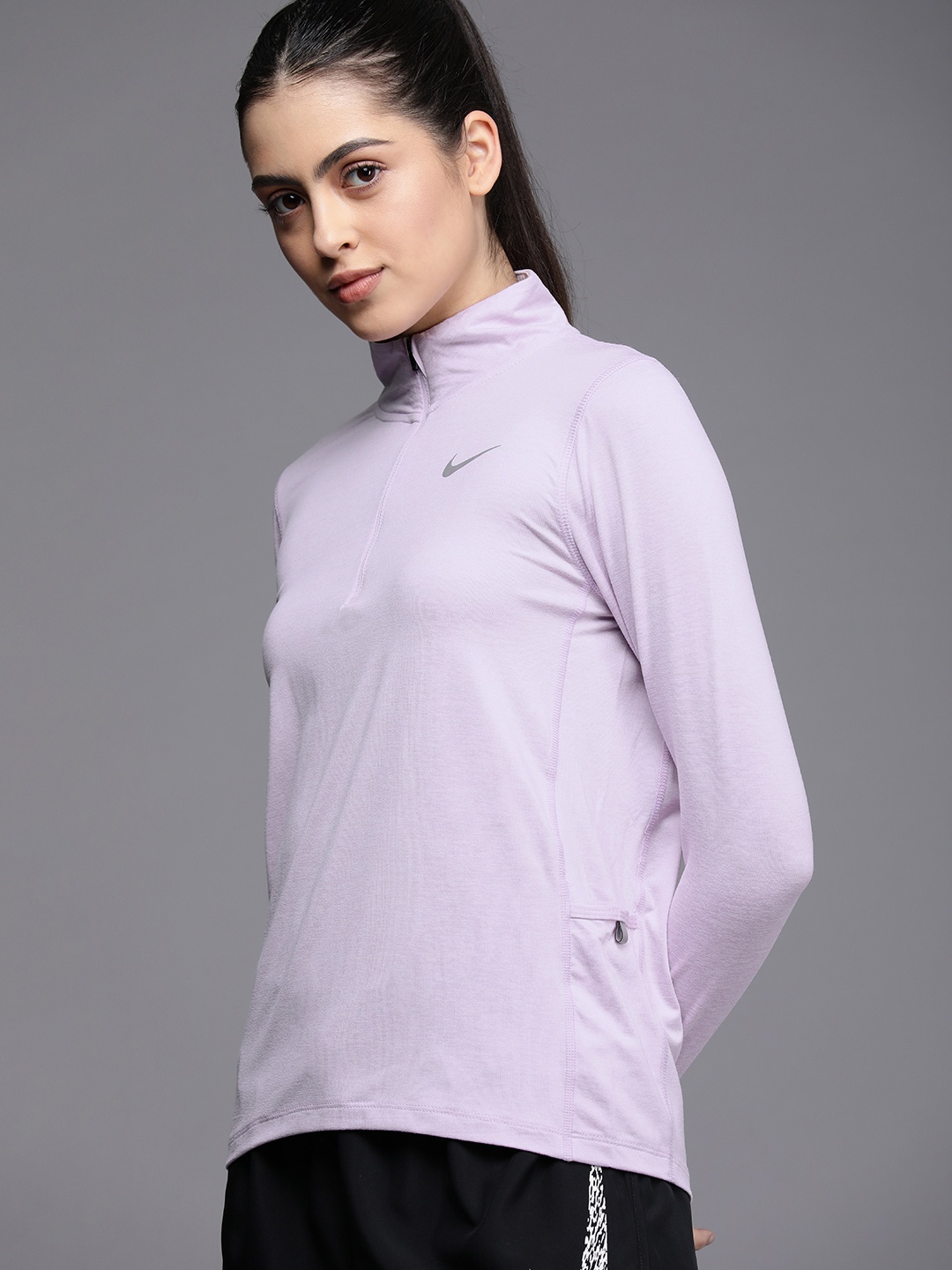 

Nike Women Lavender Solid High Neck Dry-Fit Casual T-Shirt