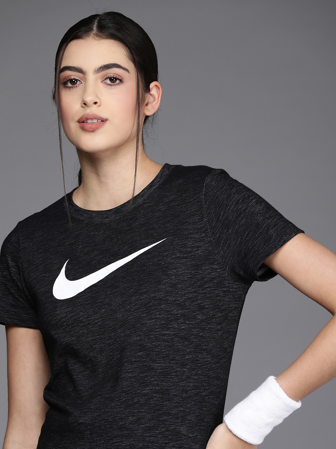 

Nike Women Black Brand Logo Printed DFC CREW Dri-FIT Training T-shirt