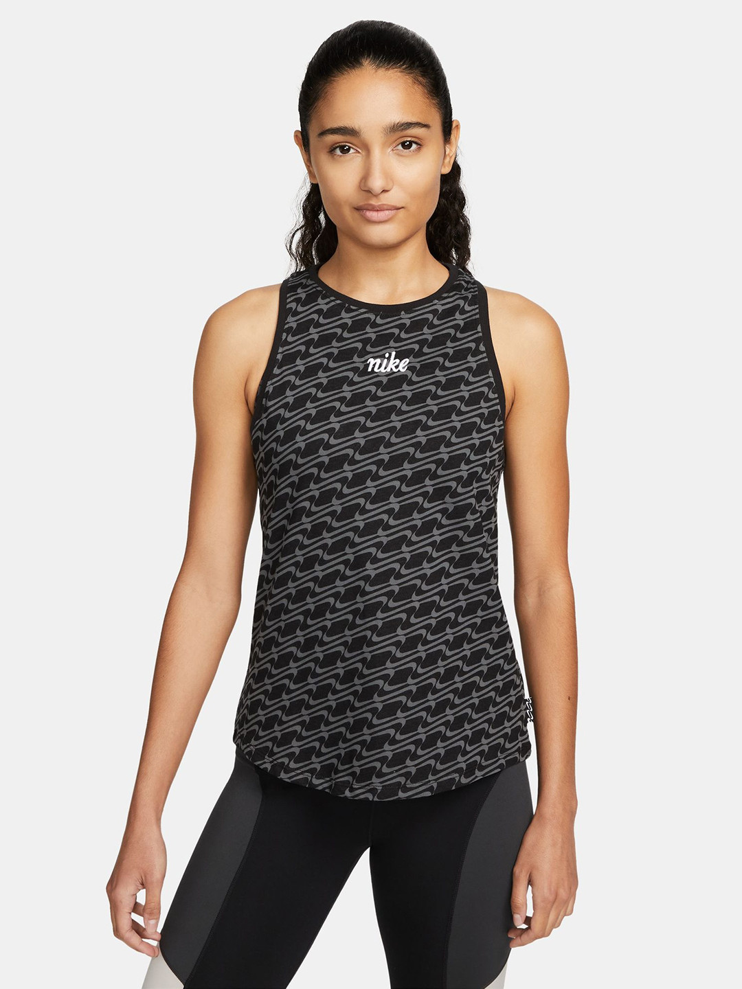 

Nike Women Black & Grey Printed HN Icon Dri Fit Top