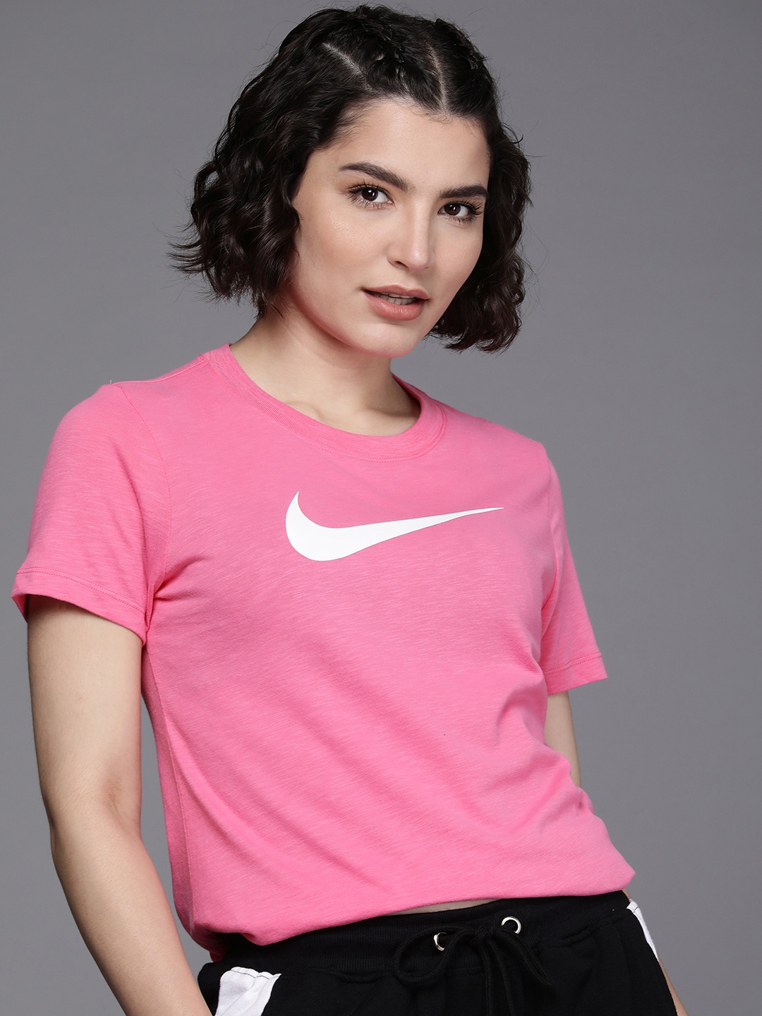 

Nike Women Pink & White Brand Logo Printed Dri-FIT Training T-shirt