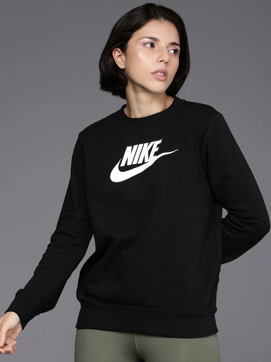 

Nike Women Black CLUB FLC GX STD CREW Brand Logo Printed Sweatshirt