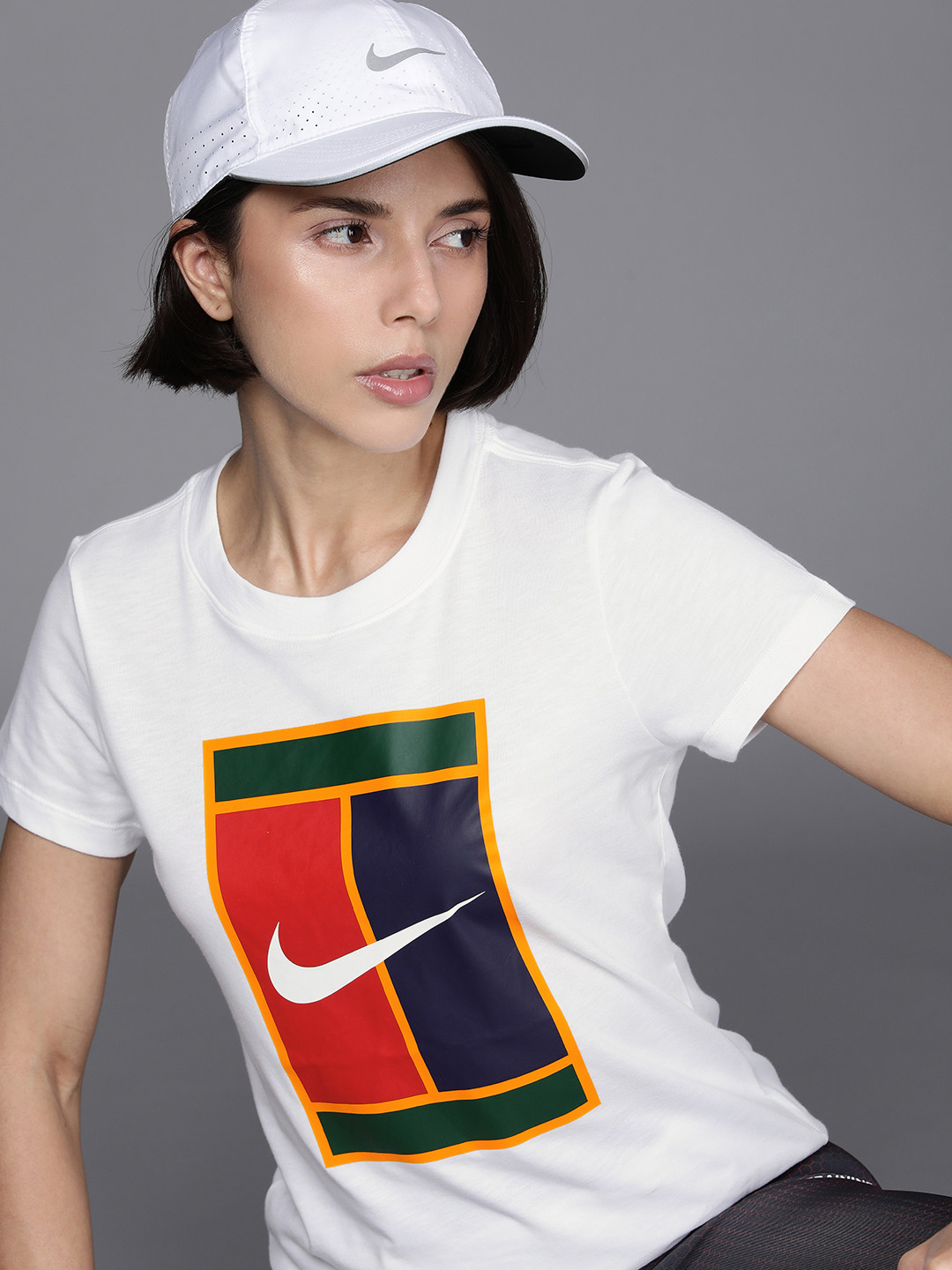 

Nike Women White Brand Logo Colourblocked Dri-FIT T-shirt