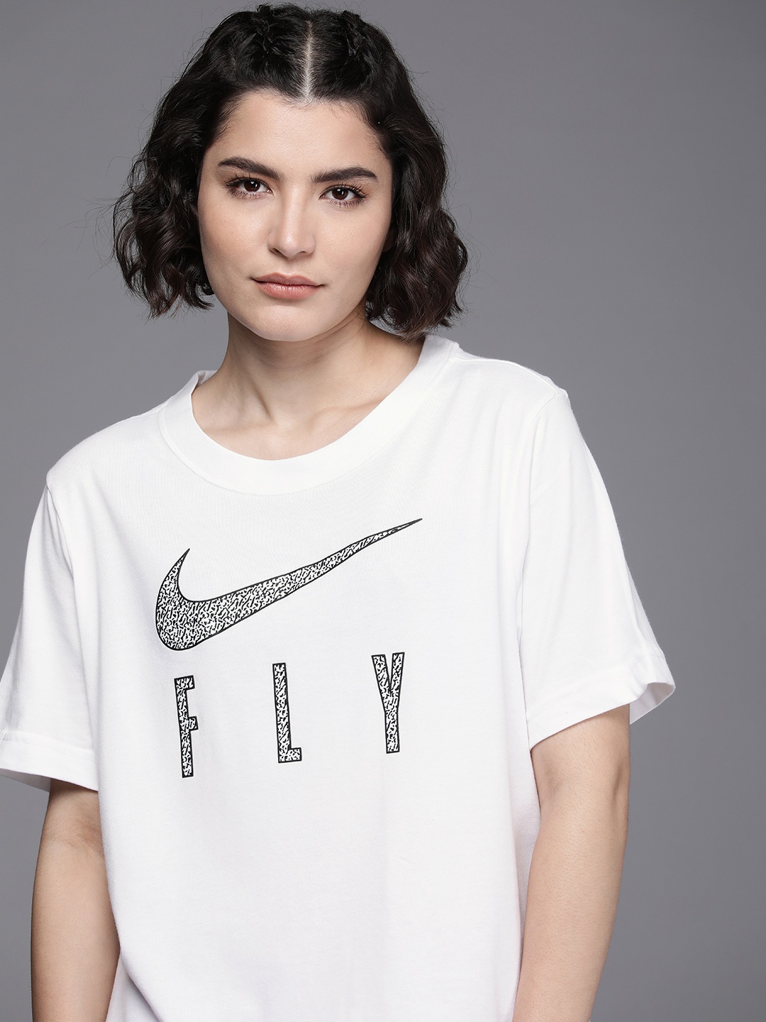 

Nike Women White & Black Brand Logo Printed Dri-FIT Loose Basketball T-shirt