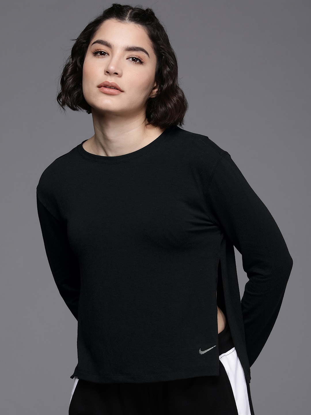 

Nike Women Black Solid Long Sleeves Dri Fit Training Top With Side Stripes