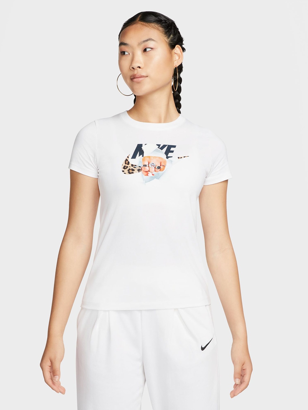 

Nike Women White & Orange Graphic Printed Pure Cotton Top