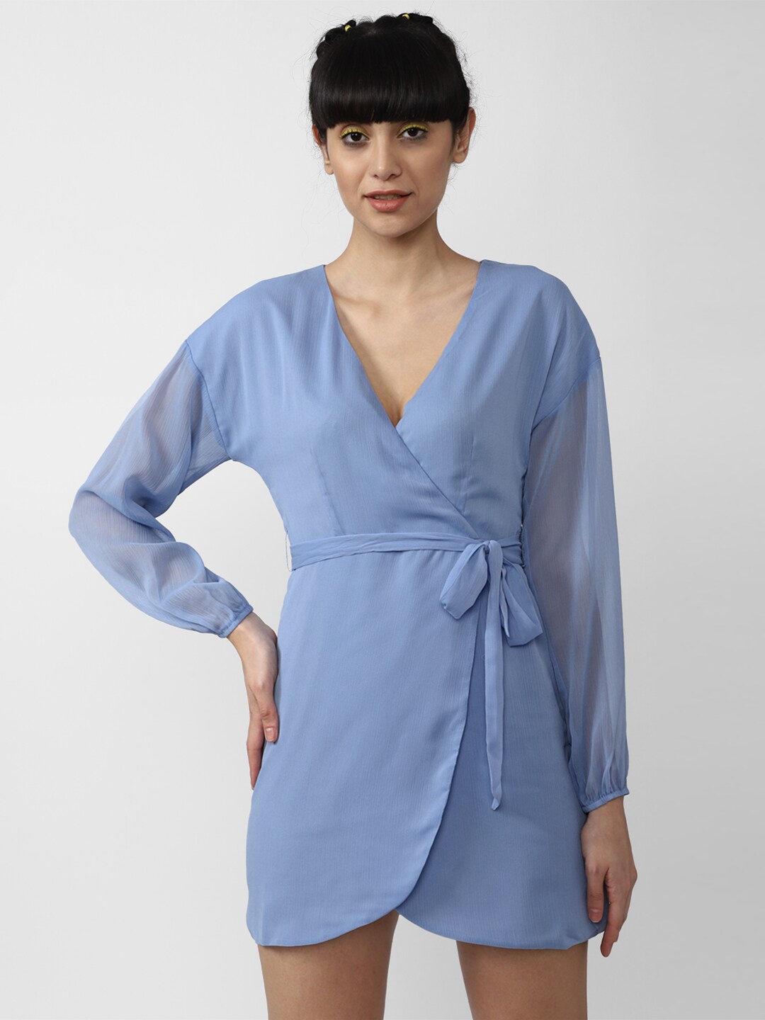 

FOREVER 21 Women Blue Solid Tie-Ups Warp Dress