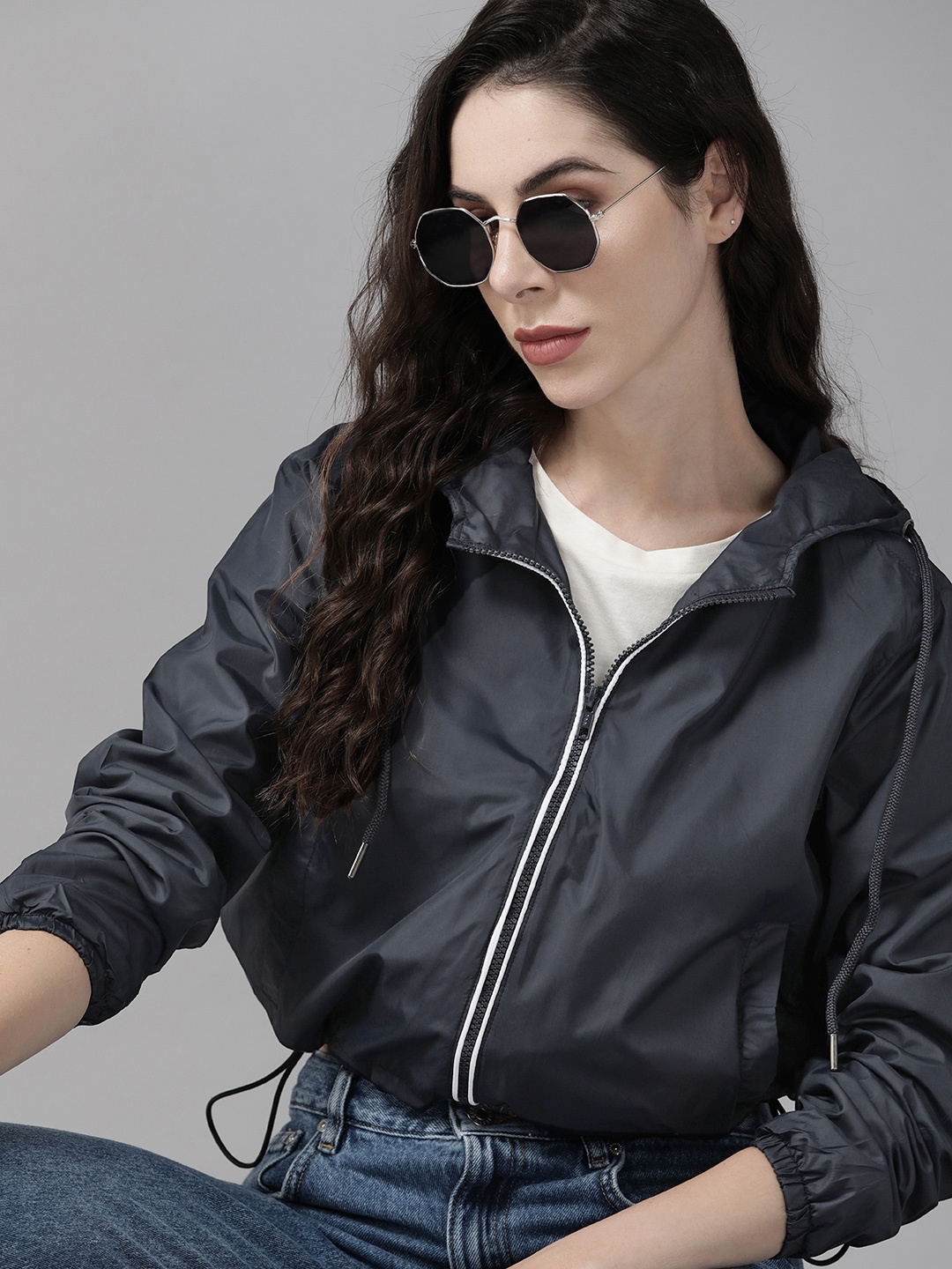 

The Roadster Lifestyle Co. Women Navy Blue Solid Hooded Bomber Jacket
