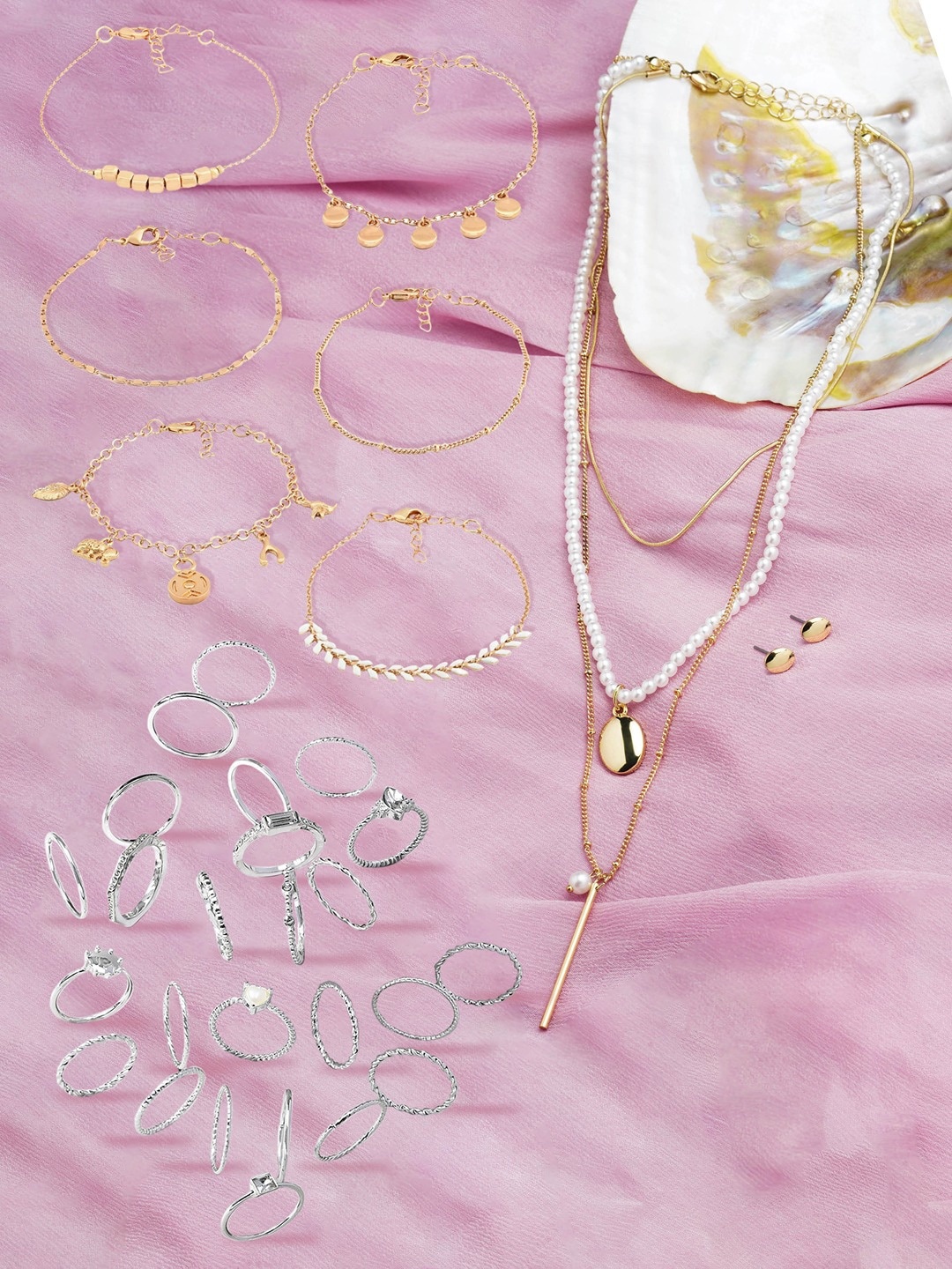 

Ami Gold & Silver Tone Contemporary Necklace Earring Bracelet & Ring Set