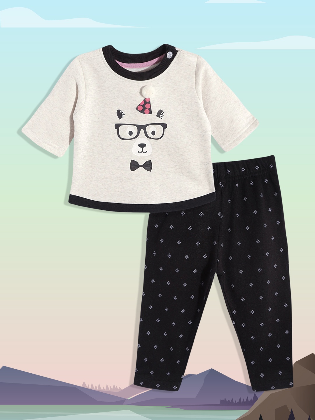 

White Snow Infant Kids Beige & Black Printed Fleece Sweatshirt with Trousers