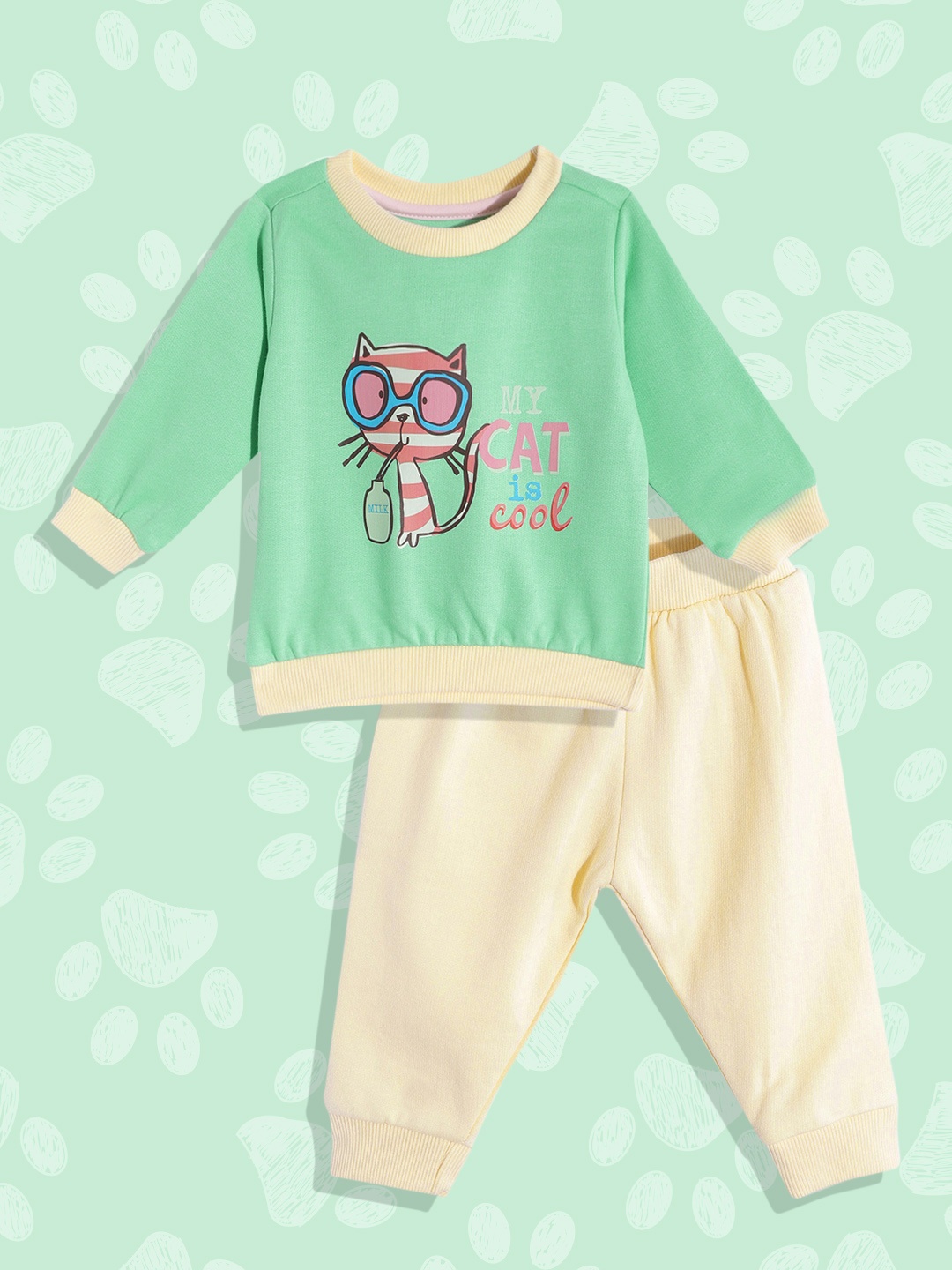 

White Snow Infant Kids Green & Cream-Coloured Printed Fleece Sweatshirt with Joggers