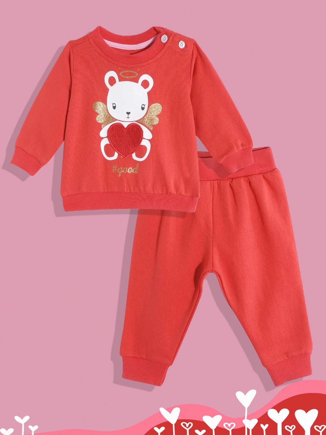 

White Snow Infant Kids Red & White Printed Fleece Sweatshirt with Joggers