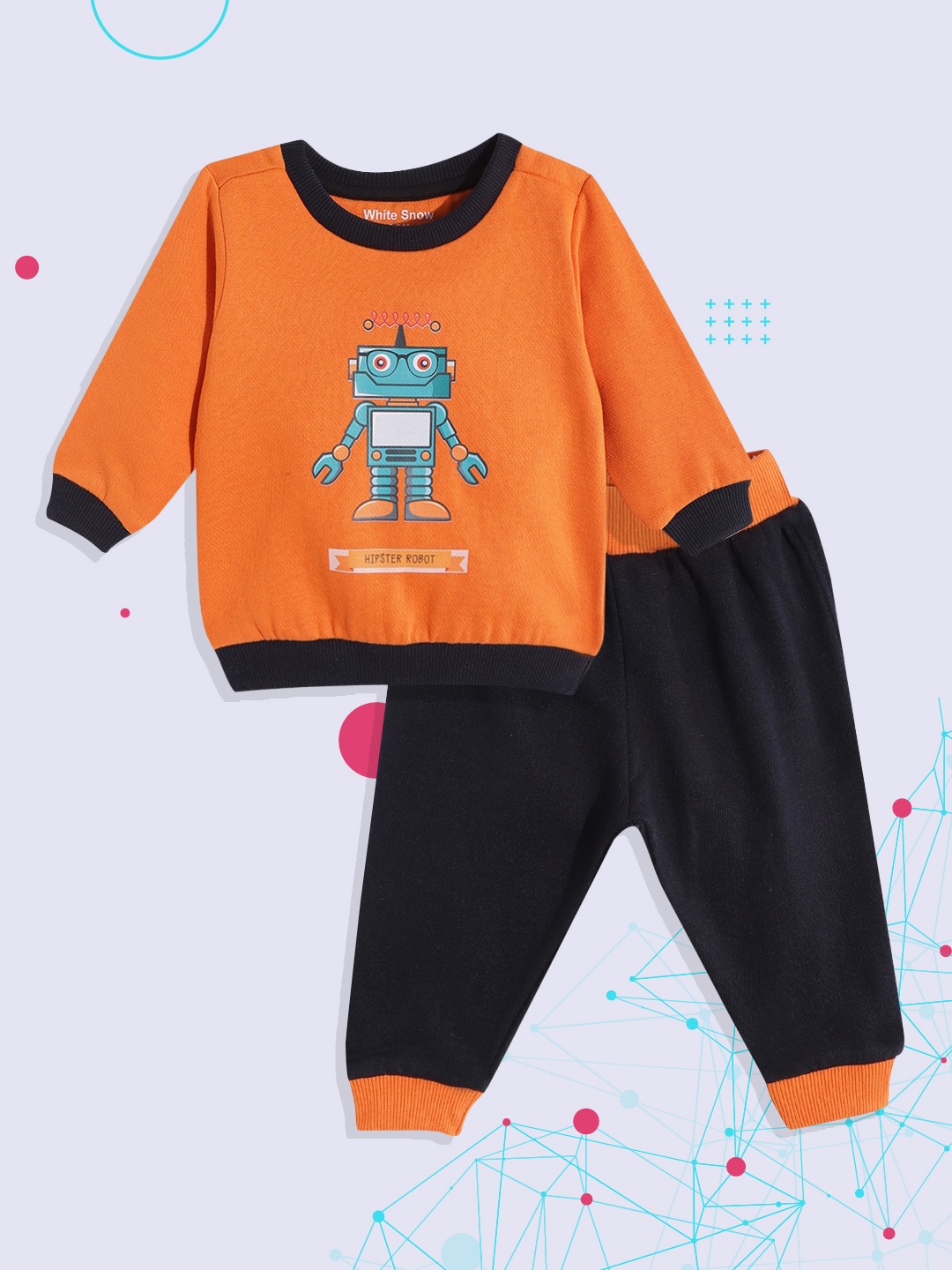 

White Snow Infant Kids Orange & Navy Blue Printed Fleece Sweatshirt with Joggers