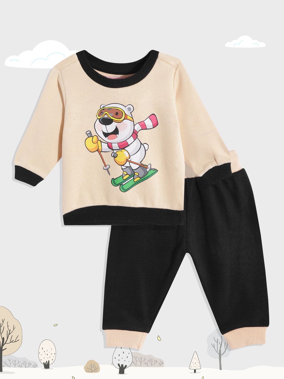 

White Snow Infant Kids Cream-Coloured & Black Printed Fleece Sweatshirt with Joggers