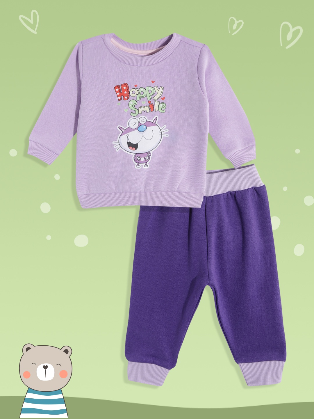 

White Snow Infant Kids Purple Printed Fleece Sweatshirt with Joggers