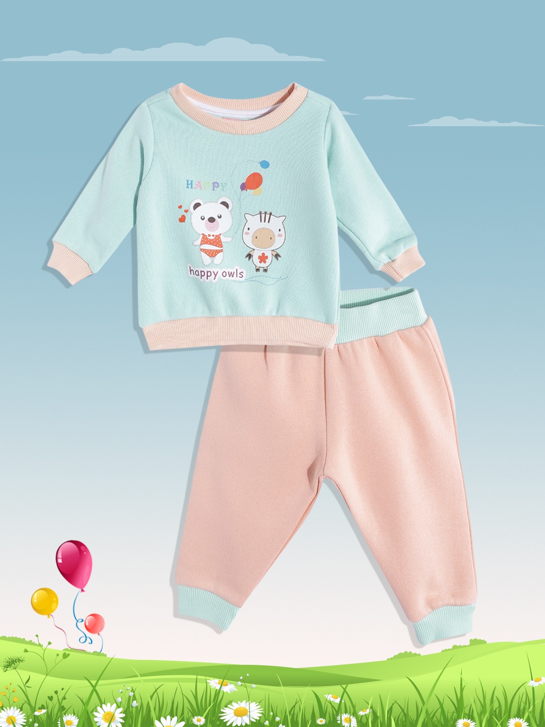 

White Snow Infant Kids Green & Peach-Coloured Printed Fleece Sweatshirt with Joggers