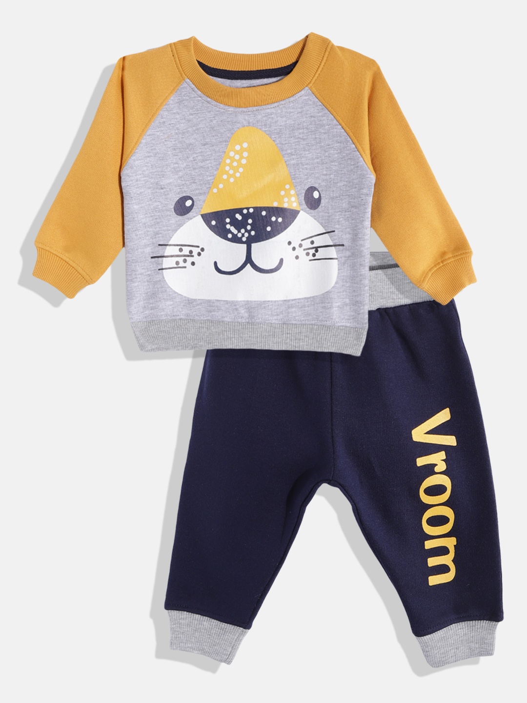 

White Snow Infant Kids Grey & Navy Blue Printed Fleece Sweatshirt with Joggers