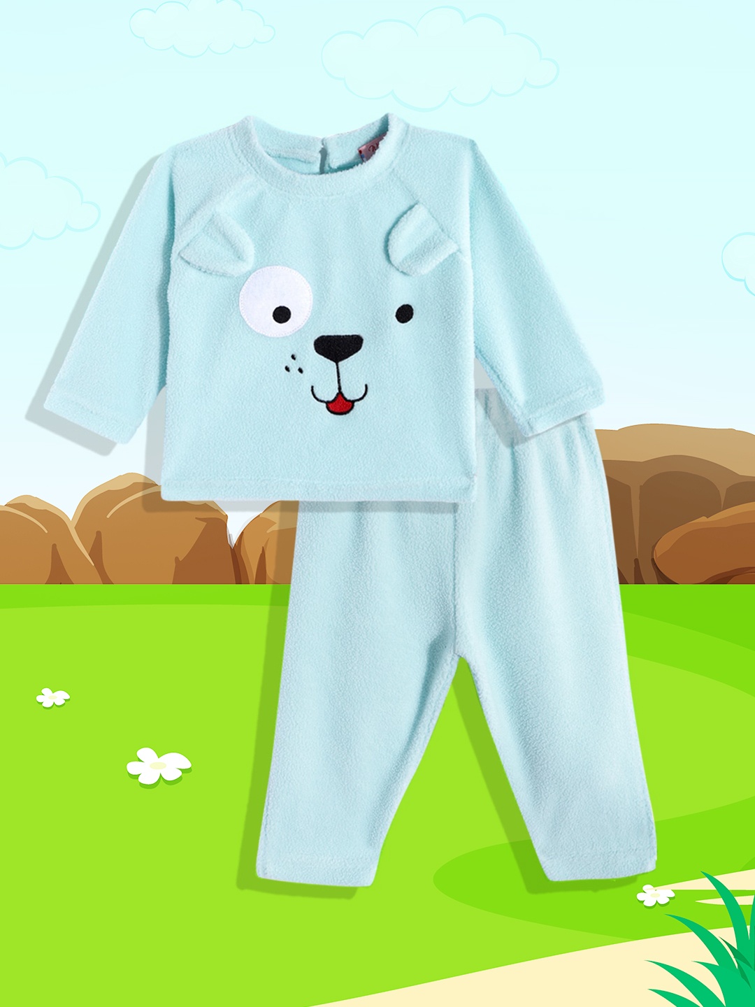 

White Snow Infant Kids Blue Applique Detail Fleece Sweatshirt with Trousers