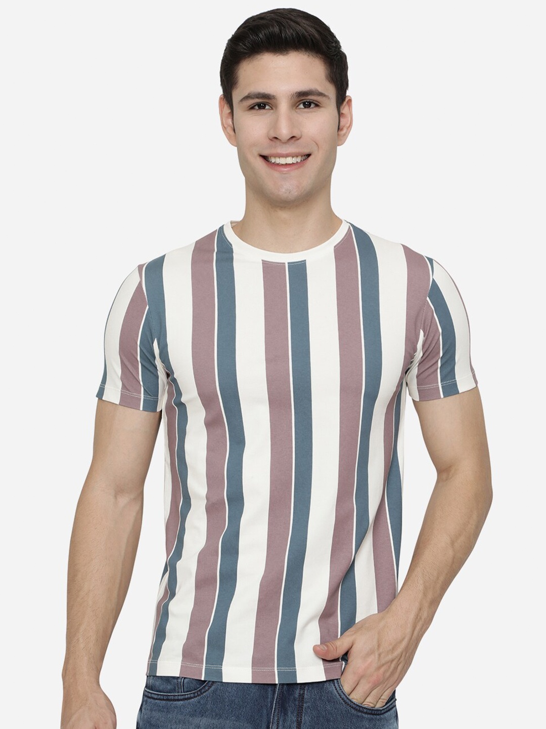

JADE BLUE Men Off White & Blue Striped Slim Fit T-shirt