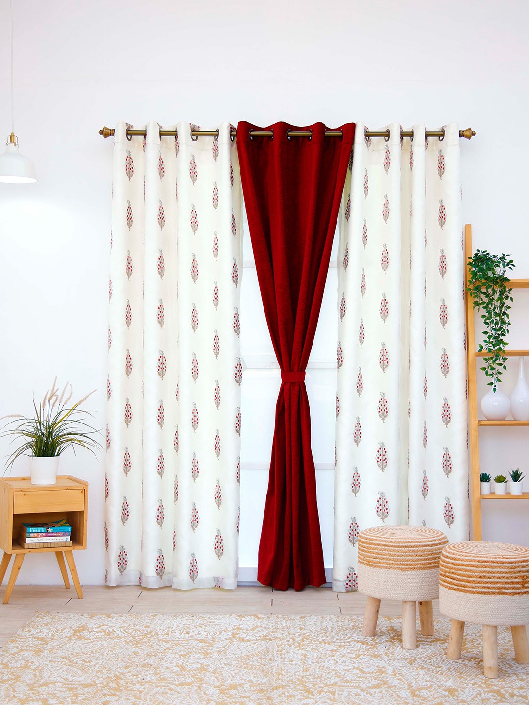 

Ariana Red & White Set of 3 Ethnic Motifs Sheer Door Curtain