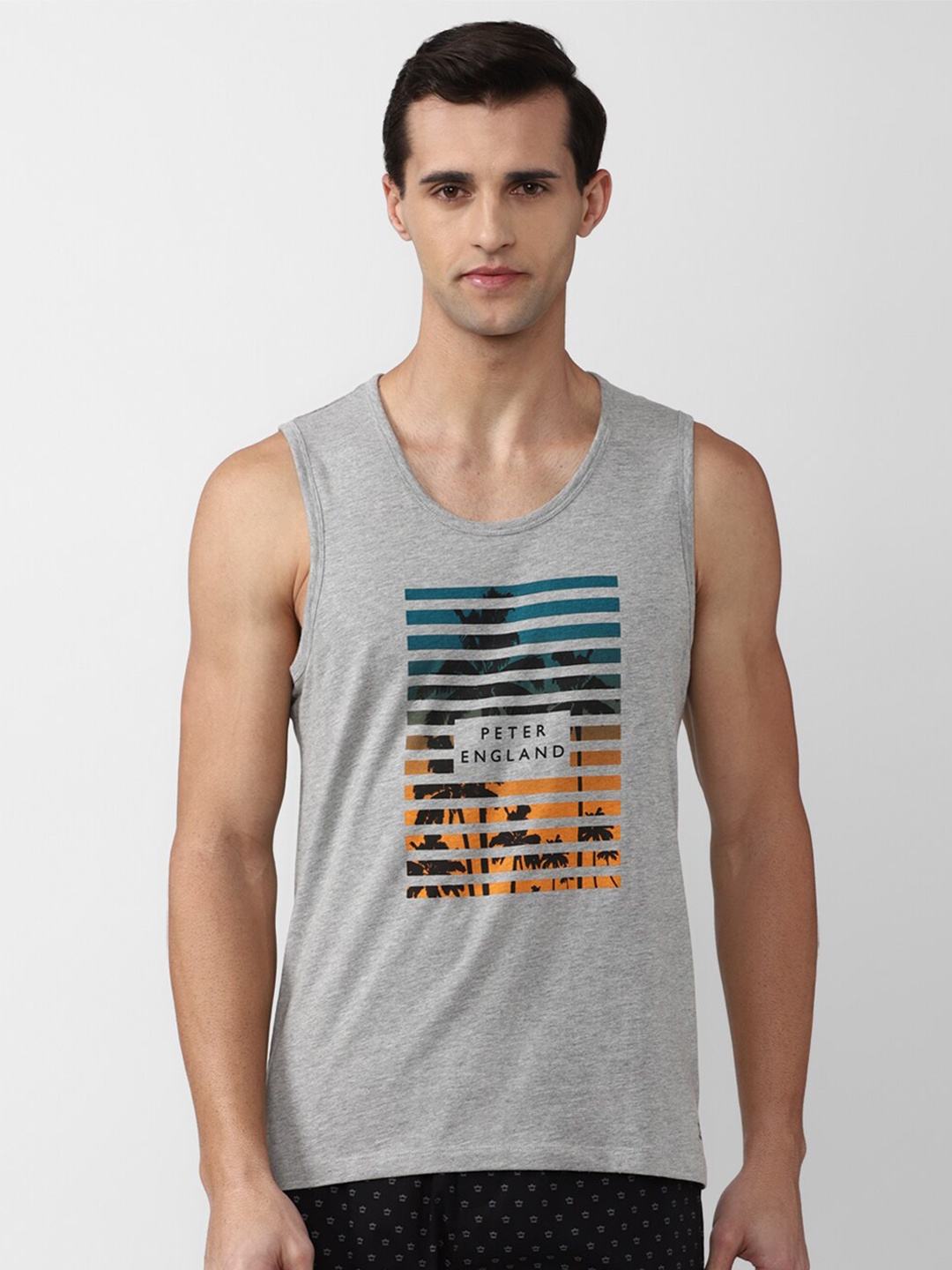 

Peter England Men Grey Melange Typography Printed Tropical Raw Edge Plus Size Tank Top