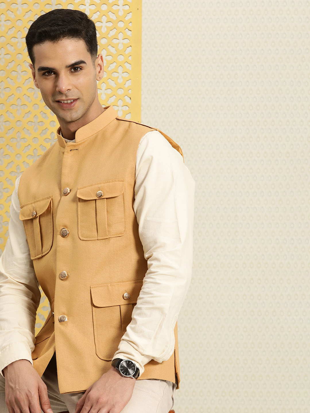 

House of Pataudi Self Design Pure Cotton Jashn Nehru Jacket, Khaki