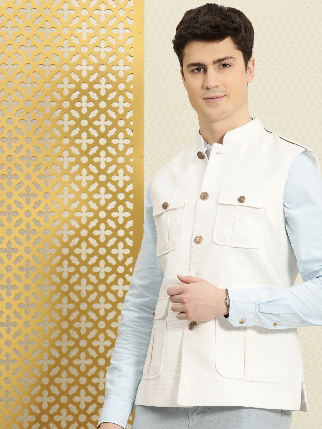 

House of Pataudi Self-Design Pure Cotton Jashn Nehru Jacket, White