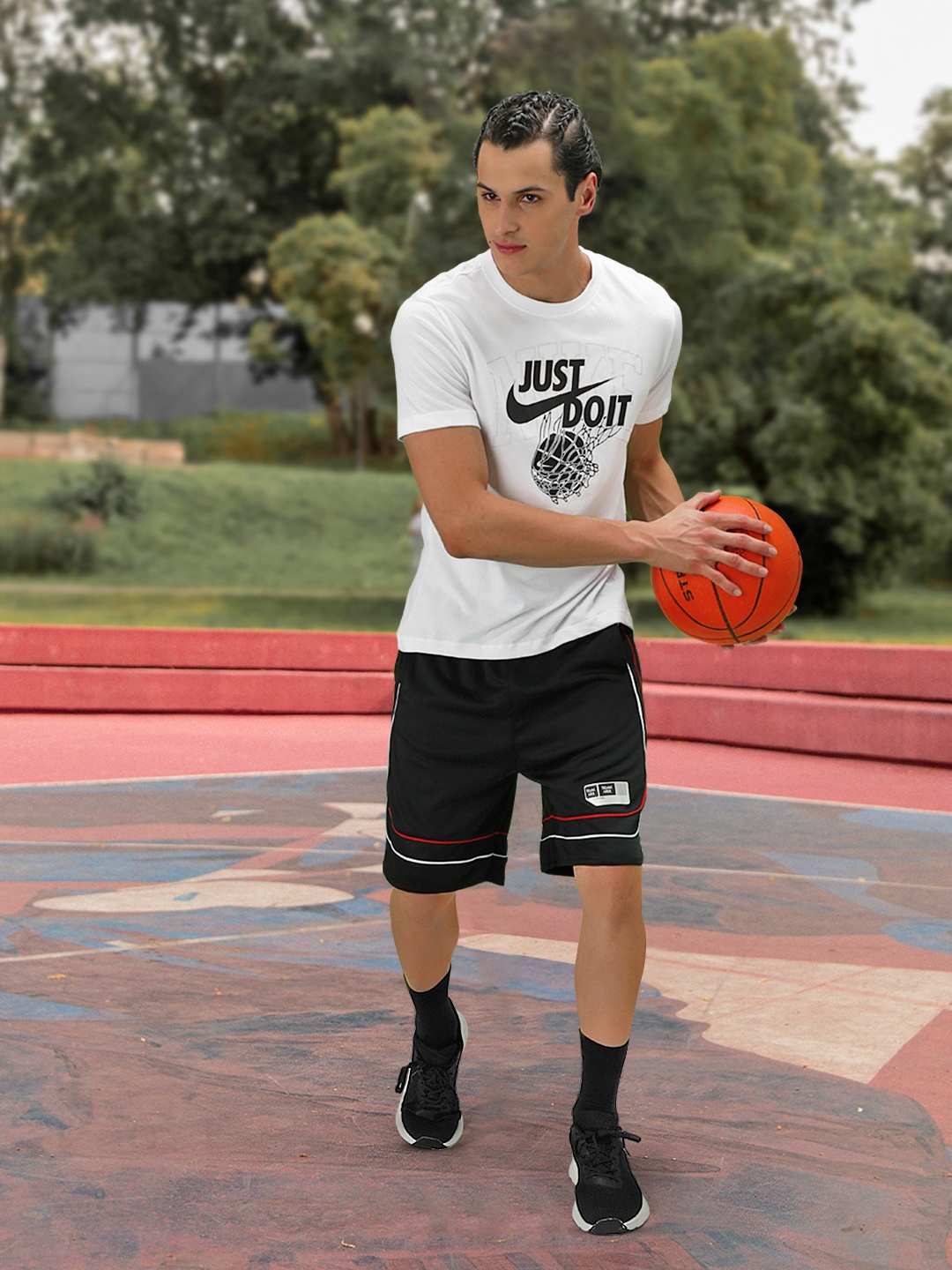 

Nike Men White Brand Slogan Printed Round-Neck Dri-FIT Basketball T-shirt