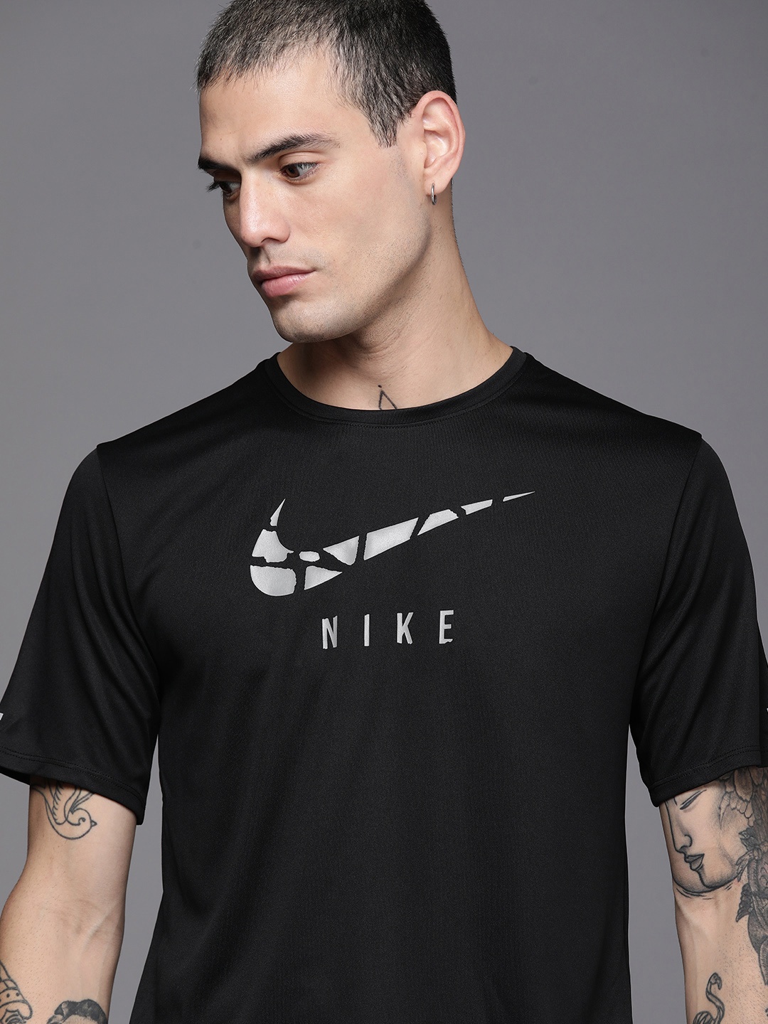 

Nike Men Black Dri-FIT Brand Logo Printed Running T-shirt