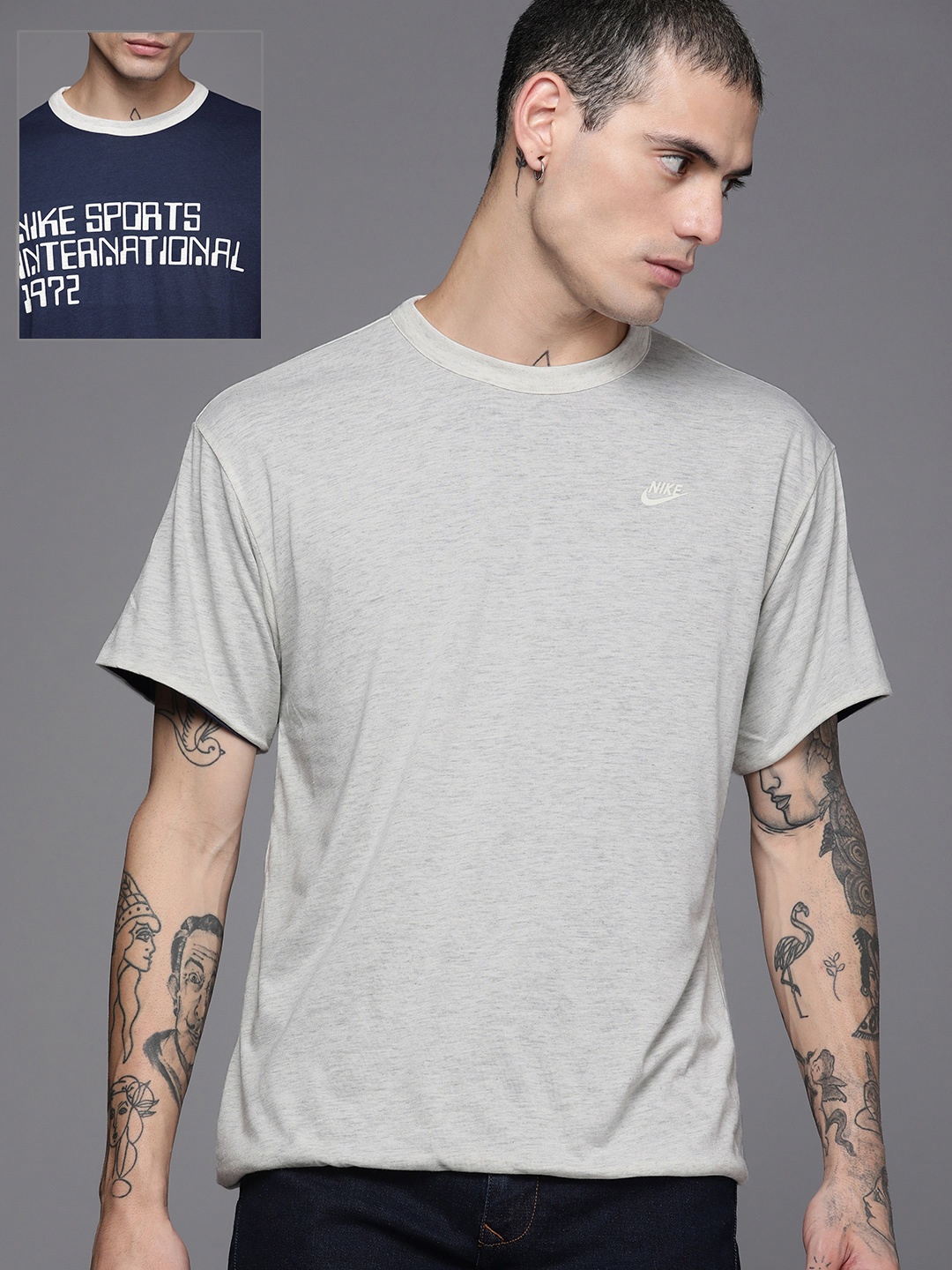 

Nike Men Grey Melange & Navy Blue Typography Printed CIRCA SS Reversible T-shirt