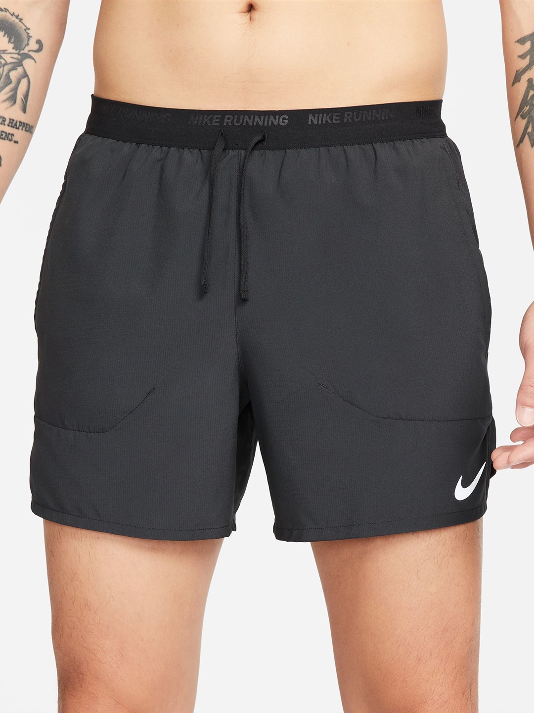 

Nike Men Black Self Design Mid-Rise Dri-FIT Stride Brief-Lined Running Sports Shorts