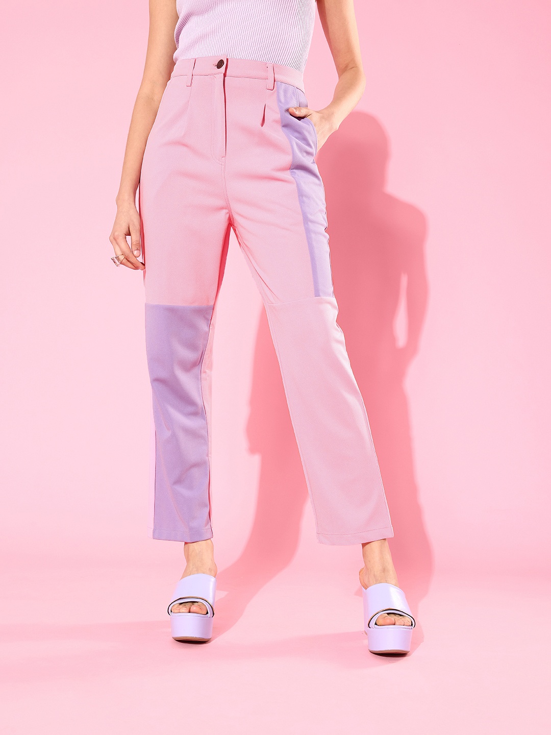 Athena Women Charming Purple Colourblocked Asymmetry Trousers