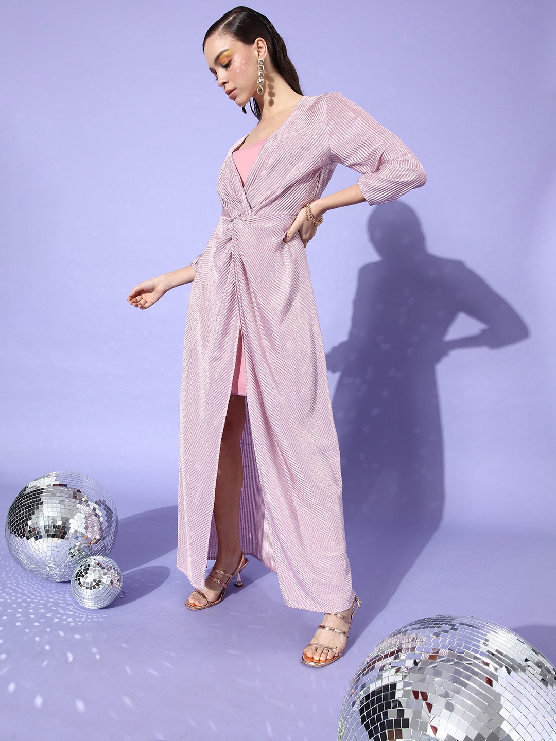 

Athena Lavender Accordion Pleats High-Slit Twisted Detail Maxi Dress