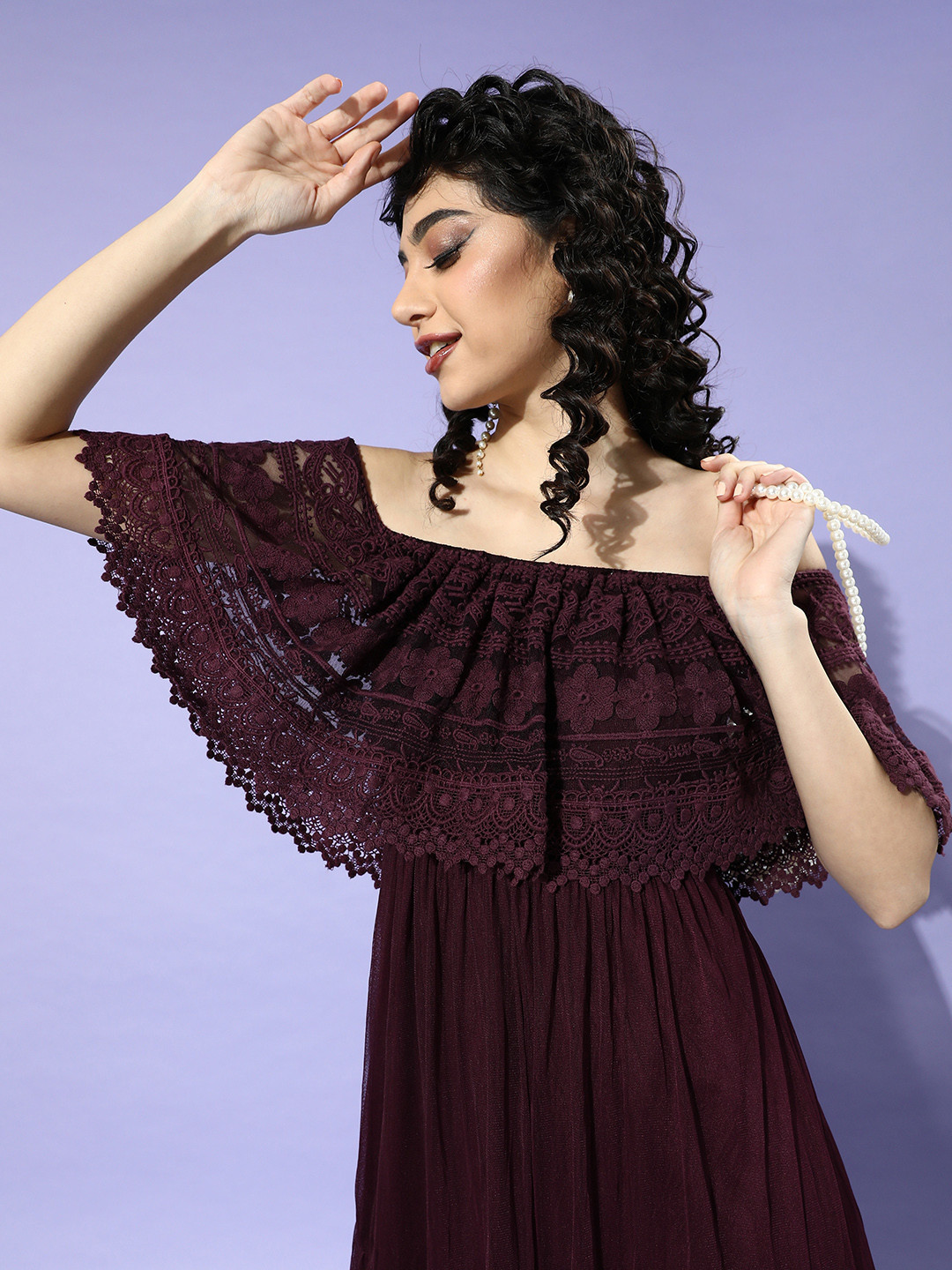 

Athena Burgundy Embroidered Off-Shoulder Maxi Dress