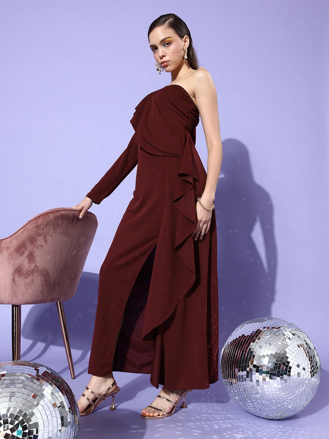 

Athena Burgundy Solid One Shoulder Ruffles Detail Maxi Dress