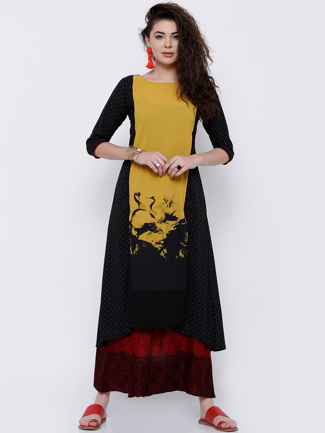 

Vishudh Women Black & Mustard Yellow Printed A-Line Kurta