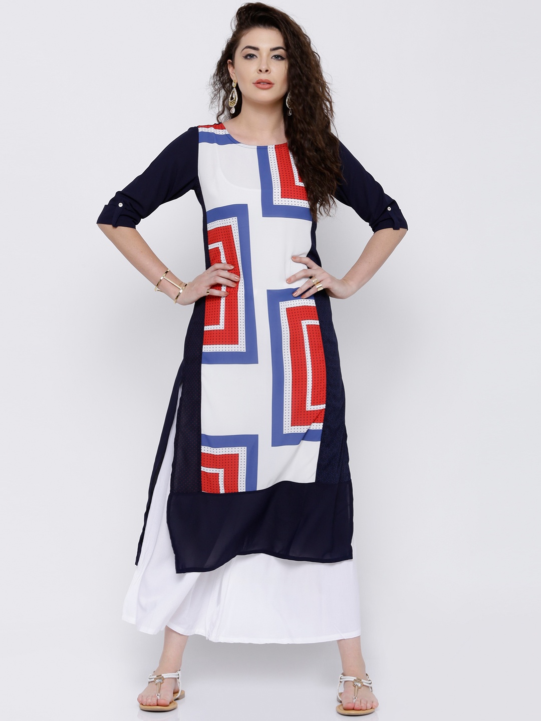 

Vishudh Women Navy Blue & White Printed Straight Kurta