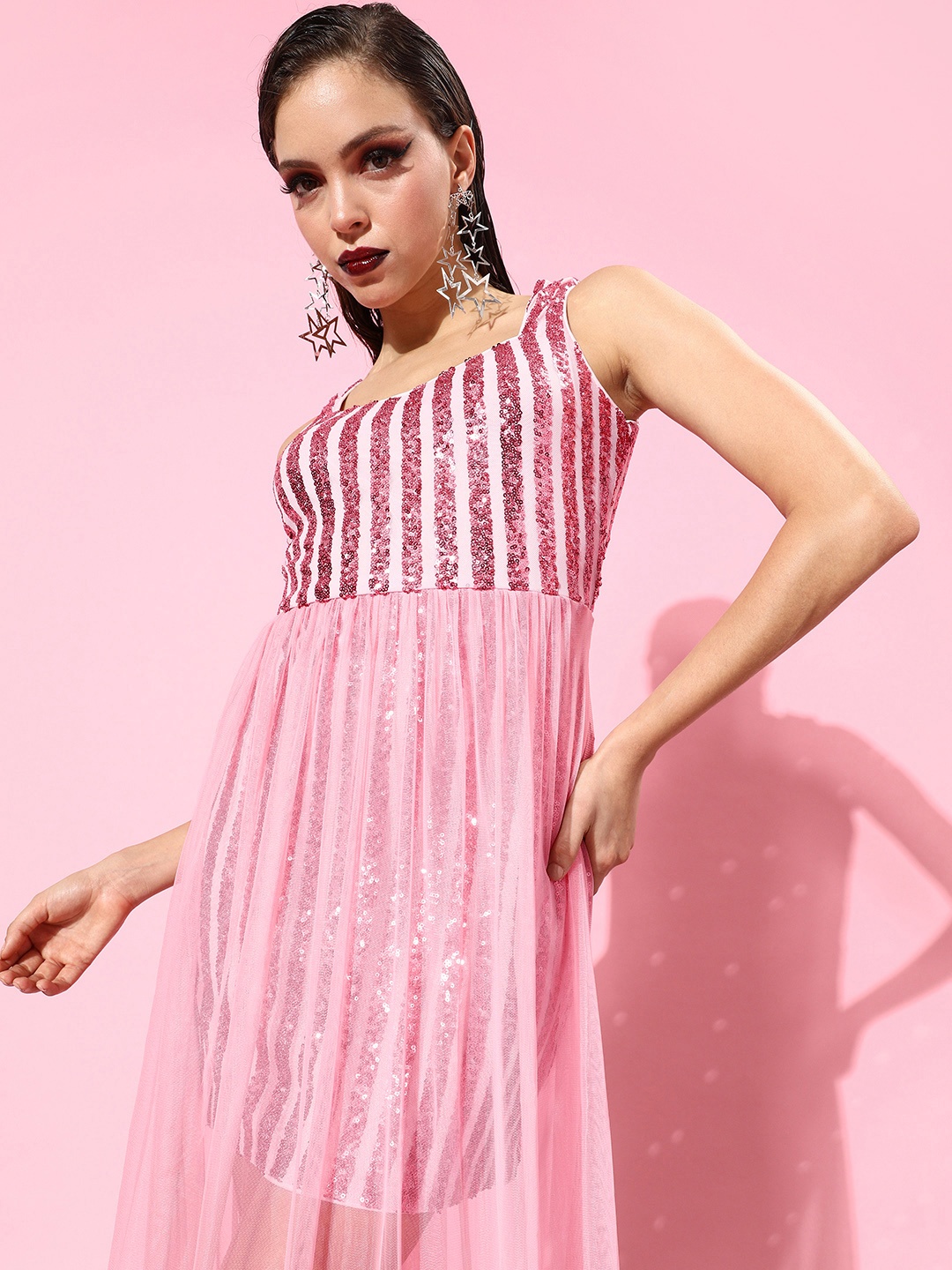 

Athena Pink Striped Sweetheart Sequin Net Maxi Dress