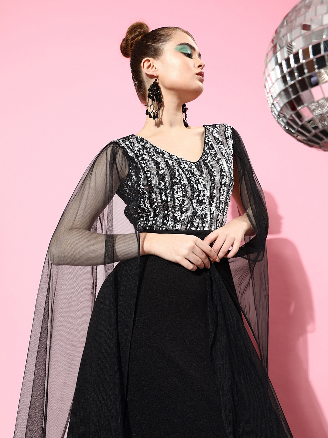 

Athena Black & Silver-Coloured Embellished Sequin Cape Sleeves Net Maxi Dress