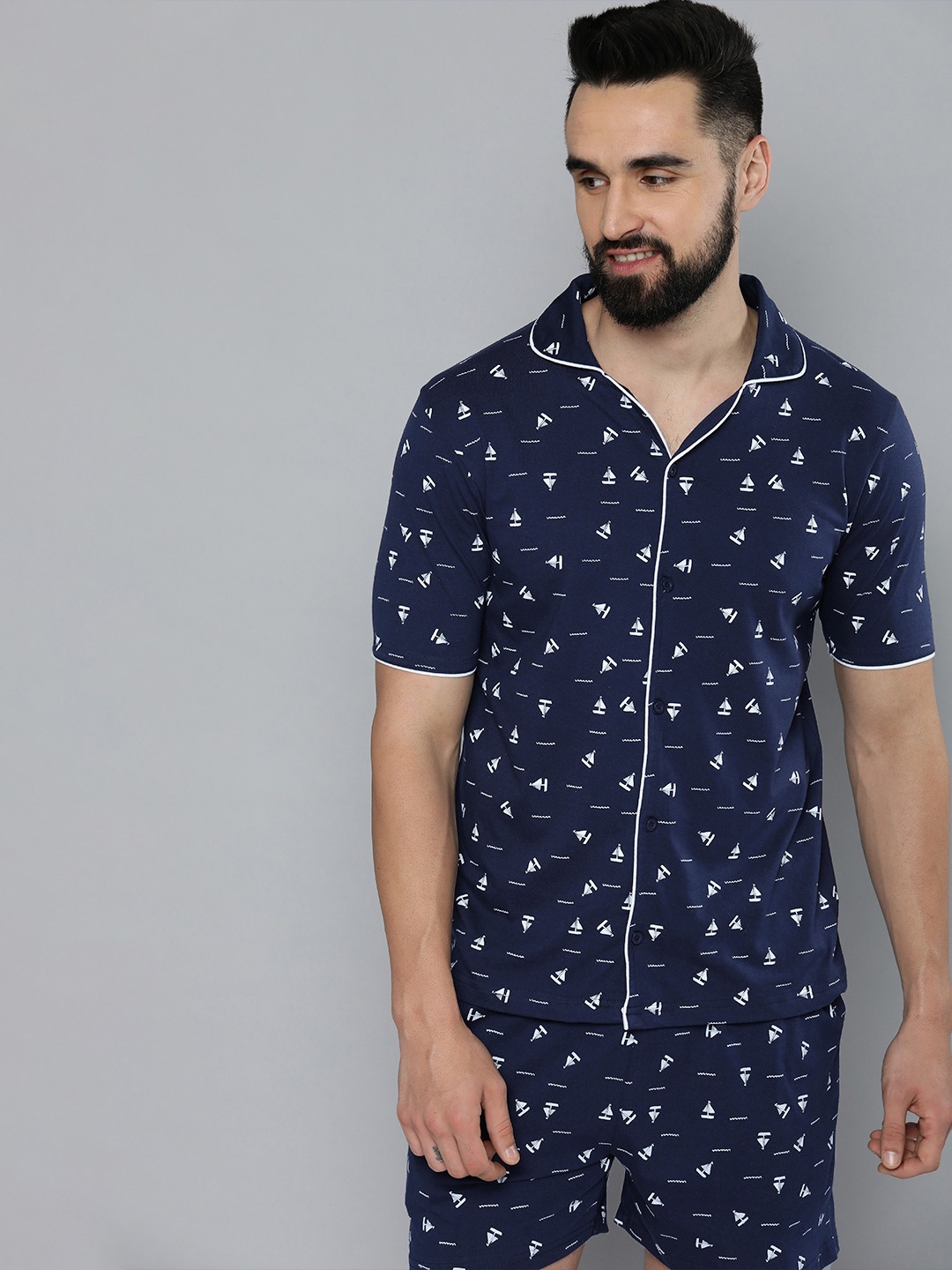 

HERE&NOW Men Printed Night Suit, Navy blue