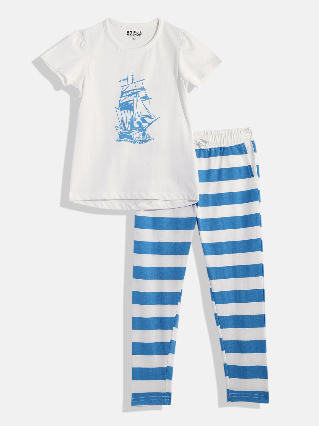 

HERE&NOW Girls White & Blue Printed Night suits