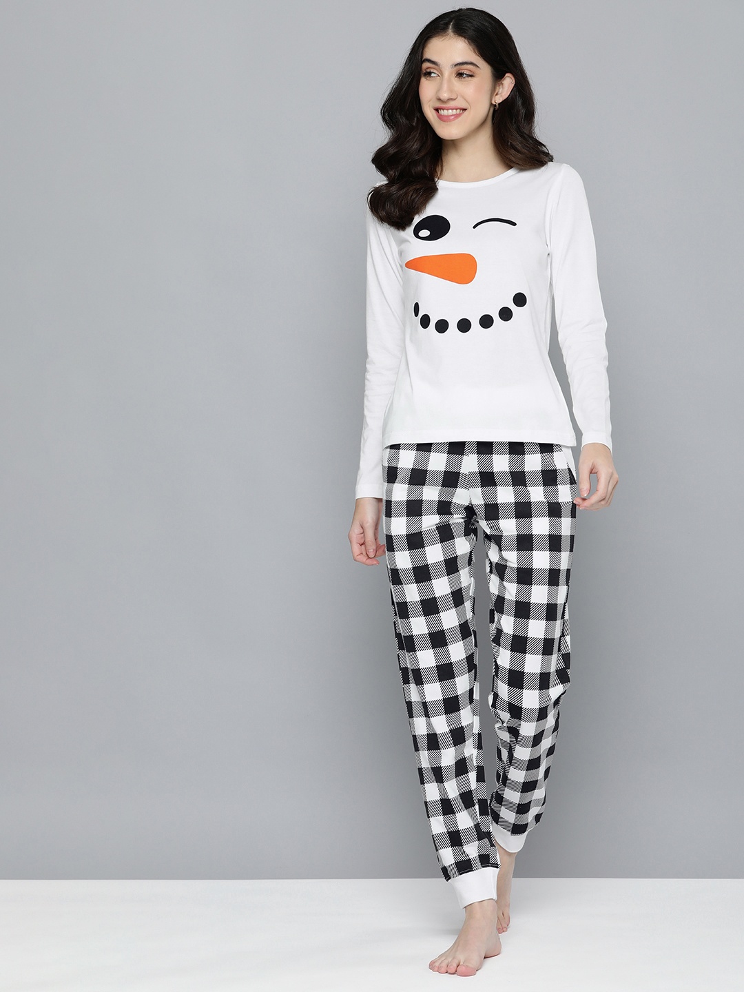 

HERE&NOW Women White & Black Printed Night Suit