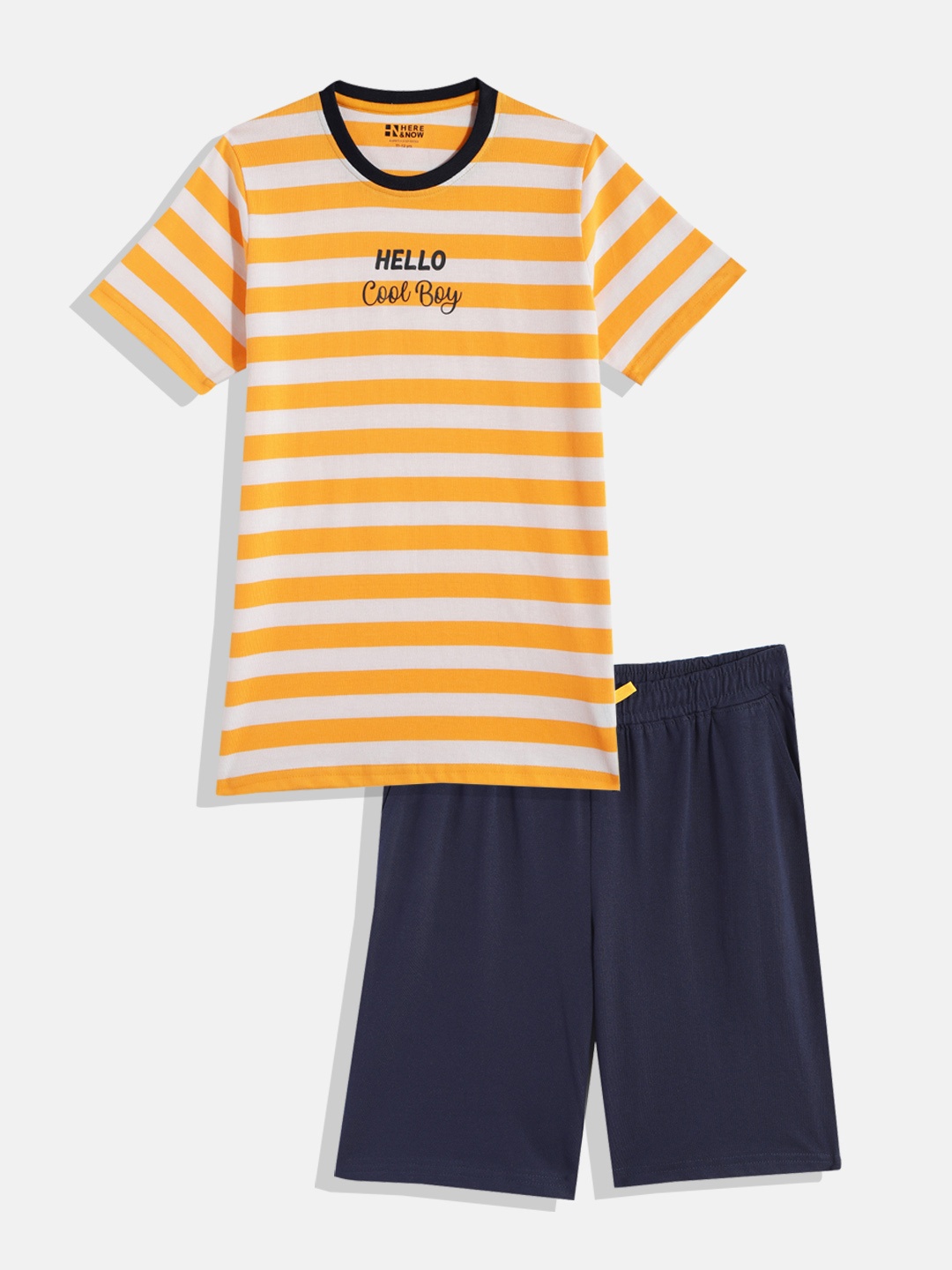 

HERE&NOW Boys Yellow & Navy Blue Striped Night suit