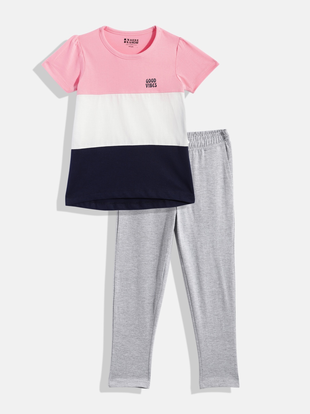 

HERE&NOW Girls Pink & Grey Melange Colourblocked Night suit