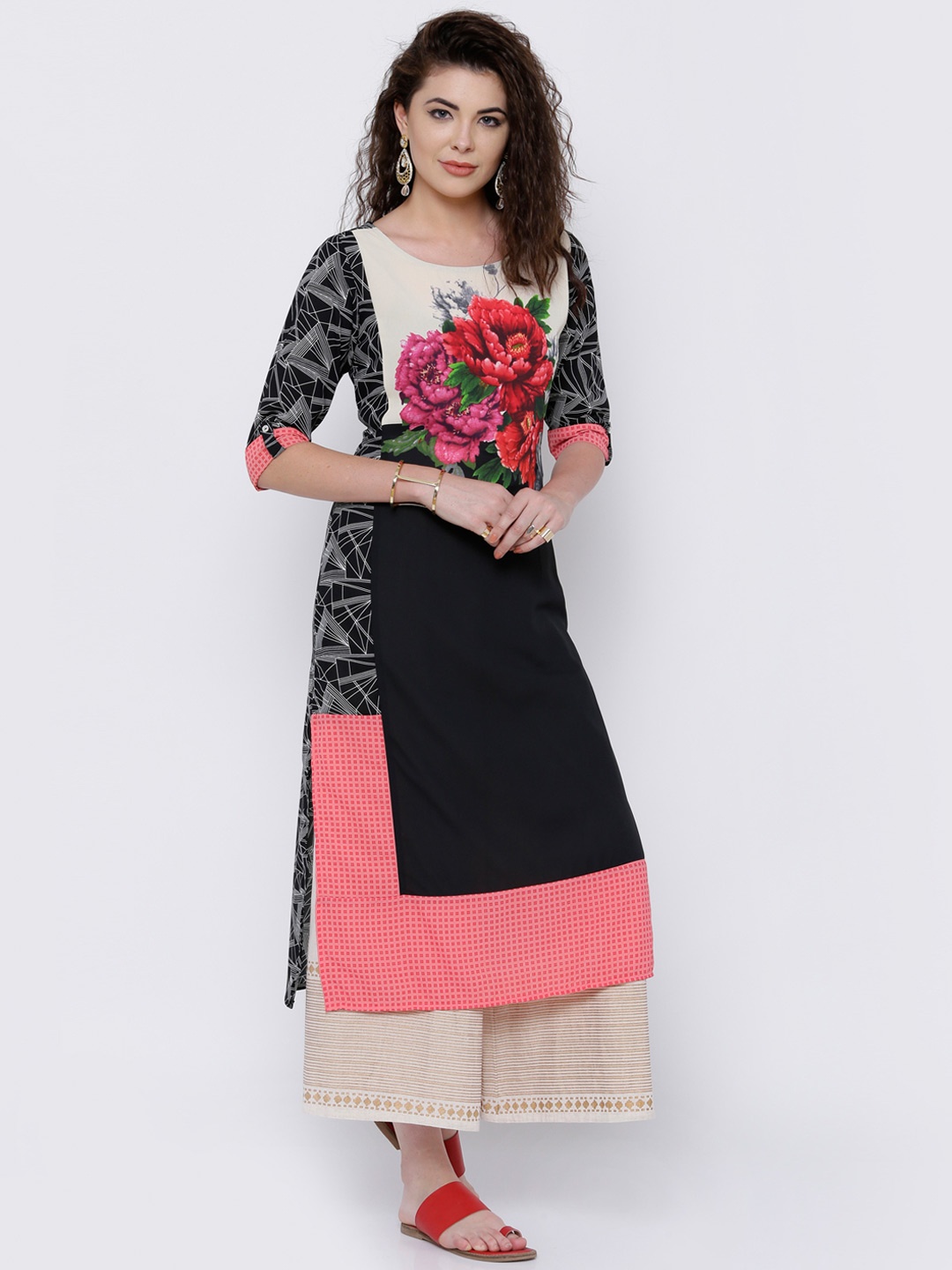 

Vishudh Women Black & Coral Pink Printed Straight Kurta