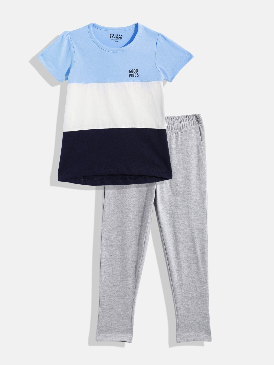 

HERE&NOW Boys Blue & Grey Melange Colourblocked Night suit