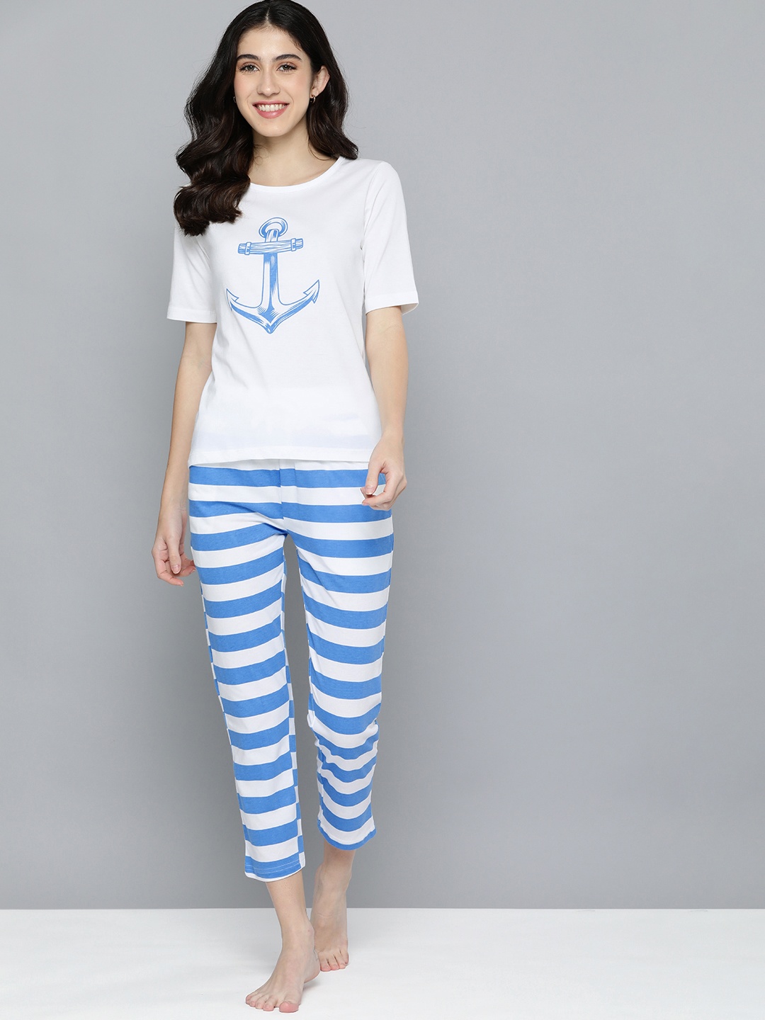 

HERE&NOW Women White & Blue Printed Night Suit