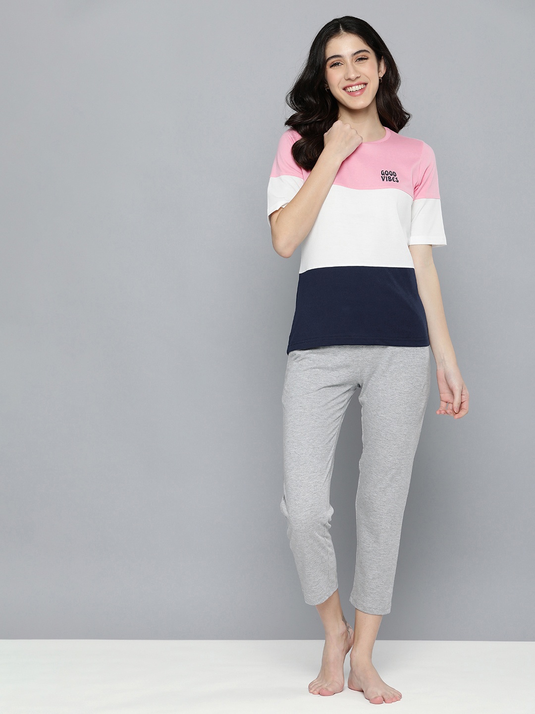 

HERE&NOW Women Pink & Grey Colourblocked Night Suit
